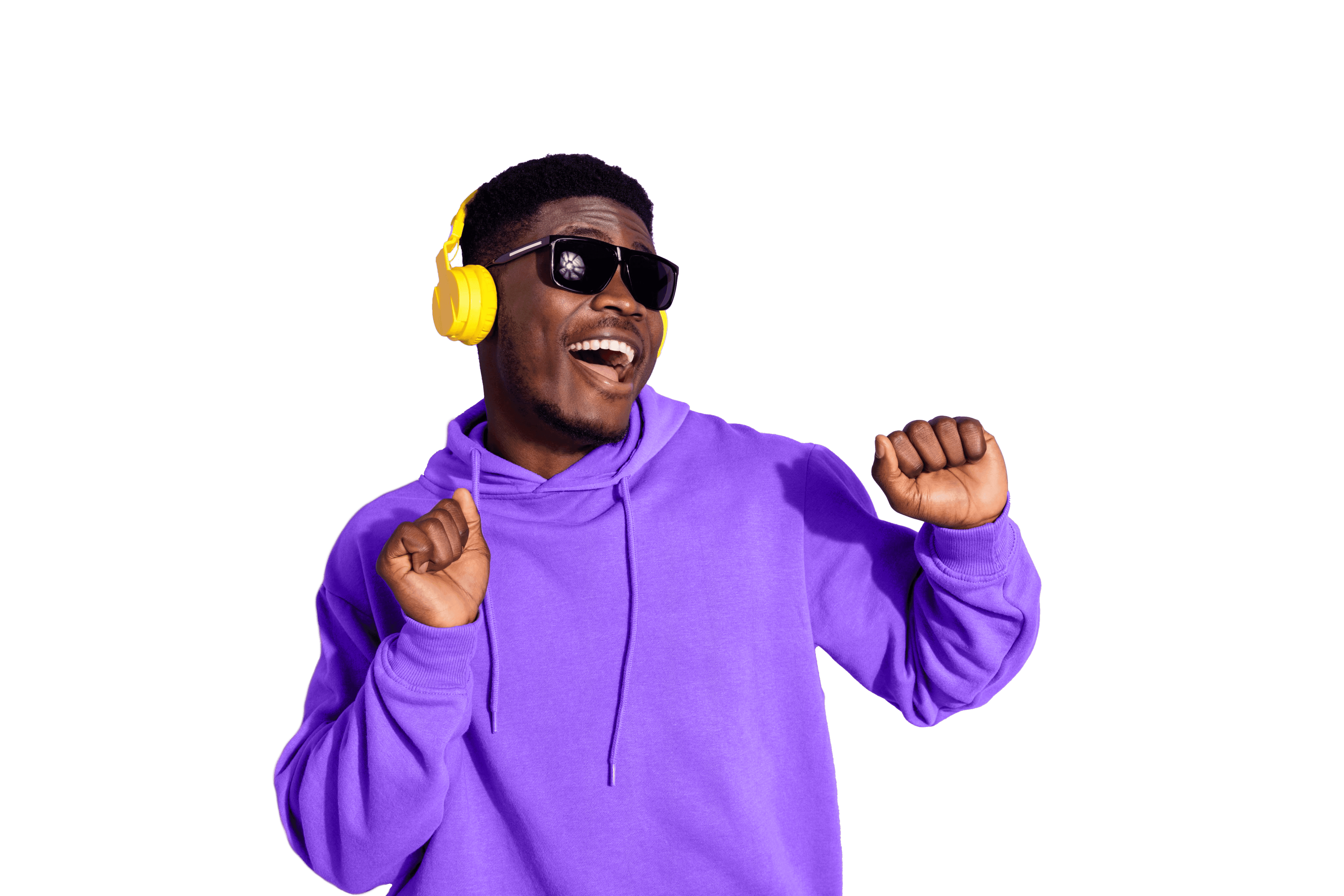 Person wearing yellow headphones and sunglasses, dancing joyfully in a purple hoodie, representing fun and engagement with digital payment methods.